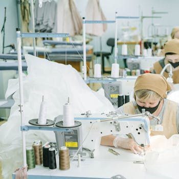 pexels-photo-4492077-4492077 Women working on sewing machines in an industrial textile workshop, wearing protective masks and aprons.